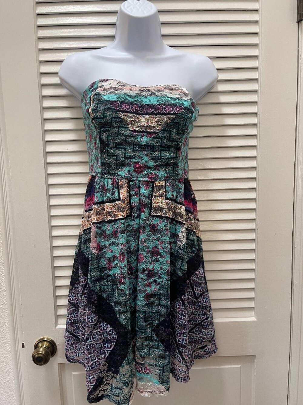 Love Fire Strapless Boho Lace Patchwork Dress M